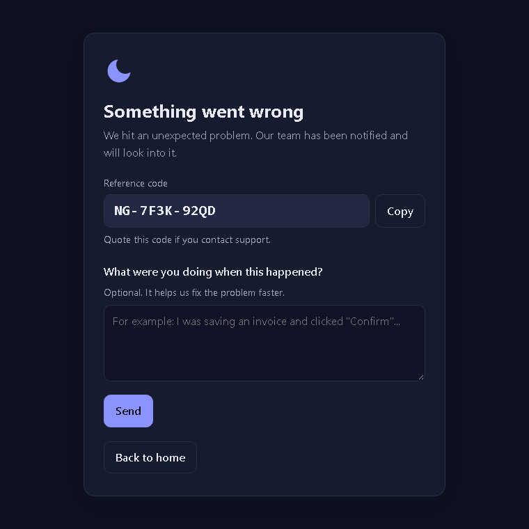 The error page your users see, with a reference code and a feedback box