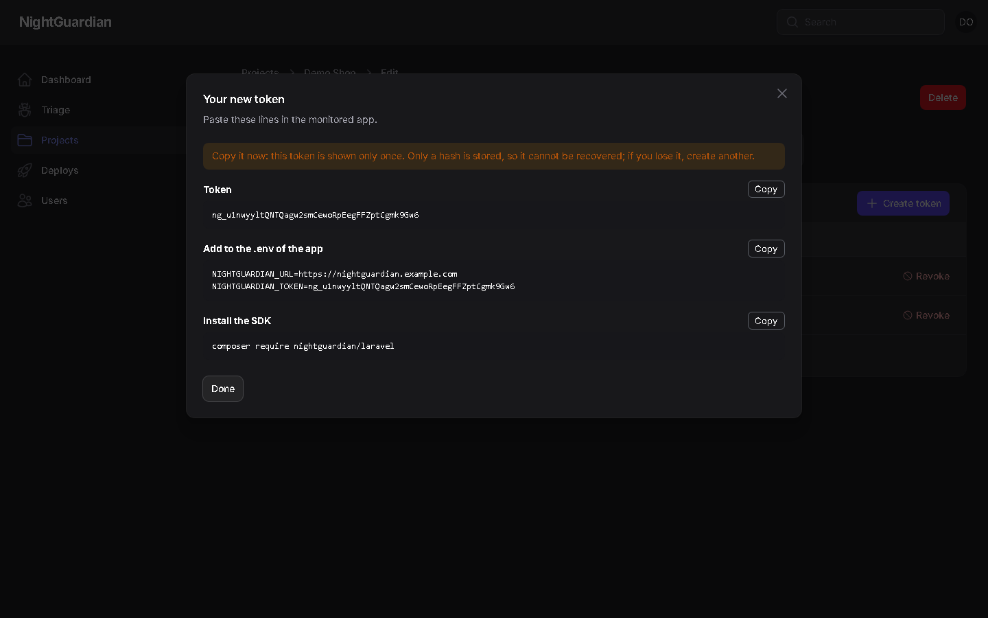 Create a token: shown once, with the lines to paste in your app
